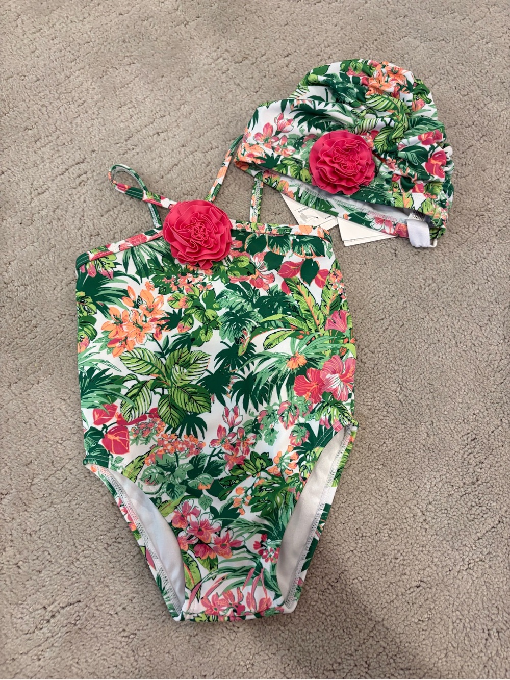 NWT Janie and Jack Tropical Floral Swimsuit Hat Swim Bonnet Baby Girl 18-24 mo